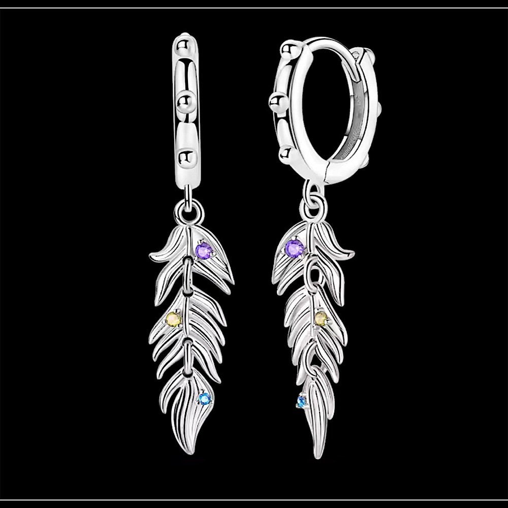 Clearance! NEW 925 TRIBAL BOHO CRYSTAL FEATHER STUD HUGGIE EARRINGS